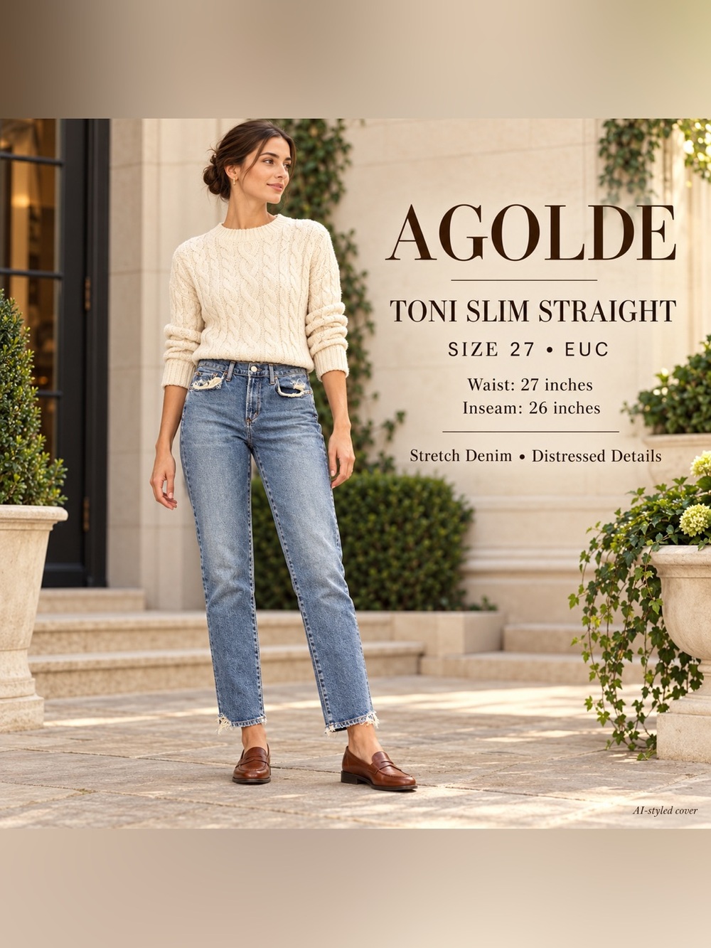 AGOLDE Toni Slim Straight Ankle Jeans 27 Blue Distressed Stretch Retail $158